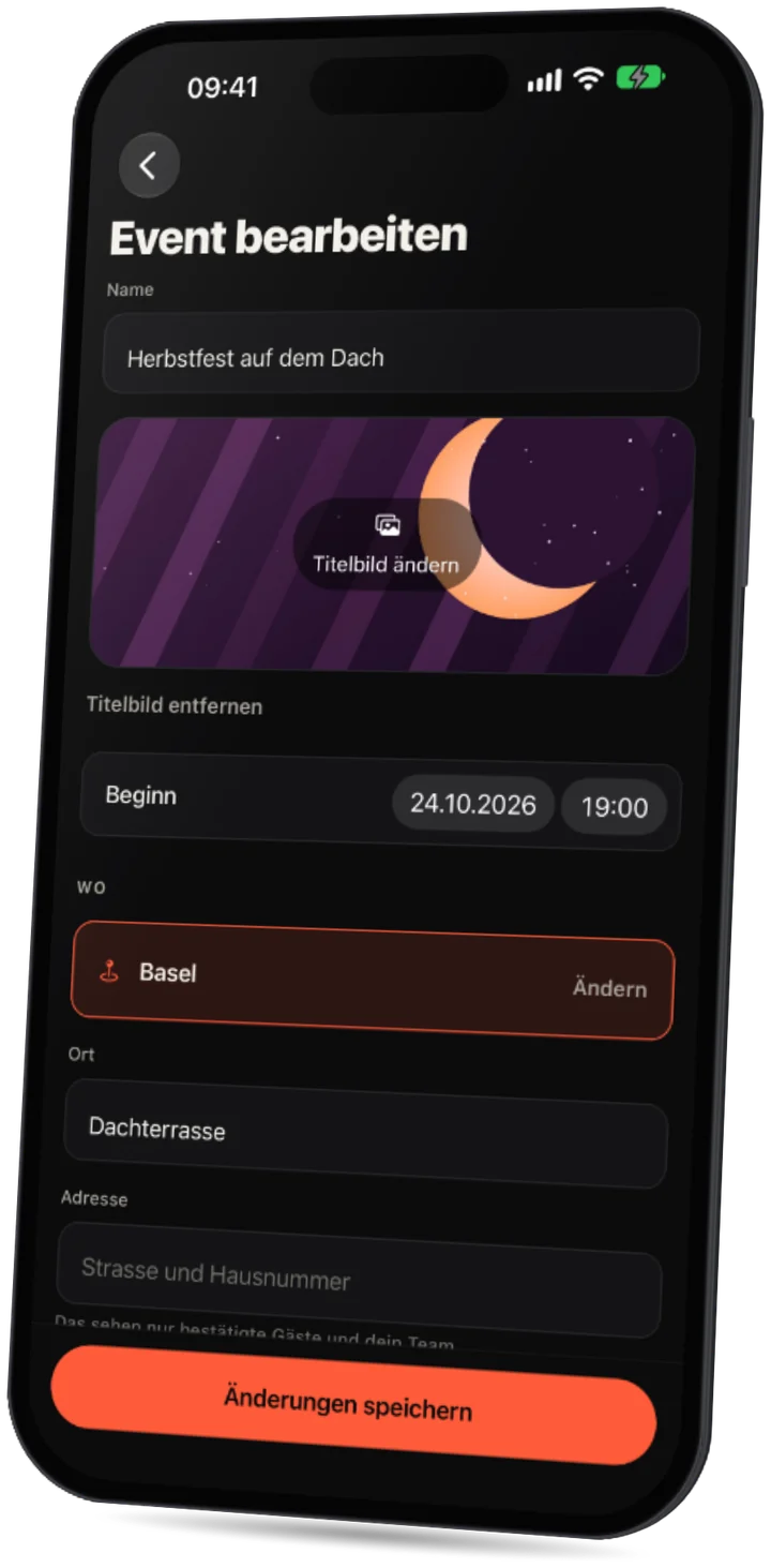 Die Party-App: das Event-Formular mit Name, Titelbild, Beginn und Ort.