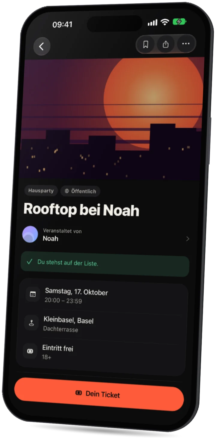 Die Party-App: eine Event-Seite mit Datum, Gegend, freiem Eintritt und wer dabei ist.