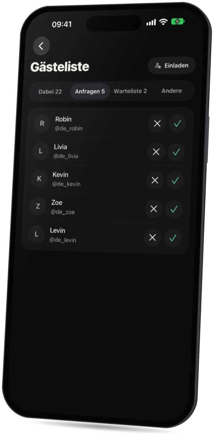 Die Party-App: eine Gästeliste mit Anfragen zum Annehmen oder Ablehnen.