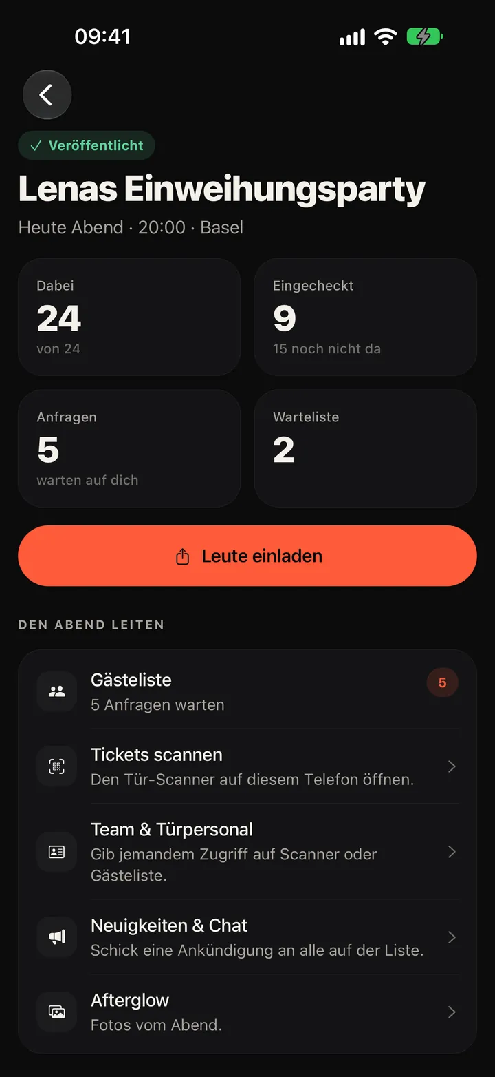 Die Party-App: ein Event aus Sicht des Hosts mit Zusagen, Check-ins, Anfragen und Warteliste sowie allem, um den Abend zu leiten.