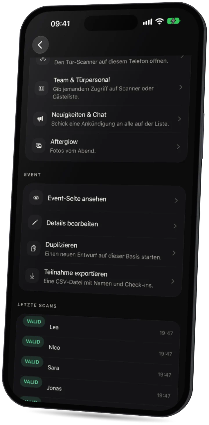 Die Party-App: die letzten Ticket-Scans an der Tür, alle gültig.