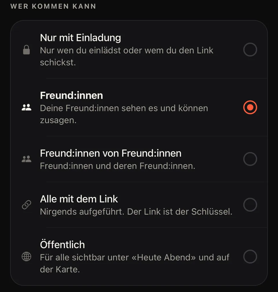 Die Party-App: die fünf Stufen, wer kommen kann – nur mit Einladung, Freund:innen, Freund:innen von Freund:innen, alle mit dem Link und öffentlich.