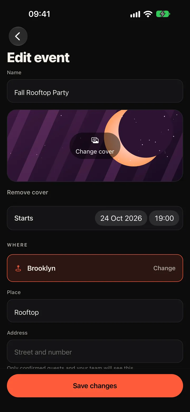 The Party app: the event form with name, cover image, start time and place.