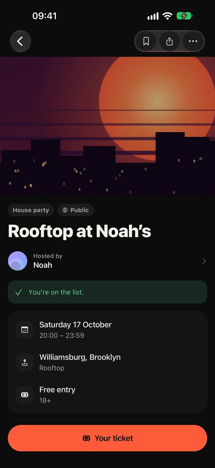 The Party app: an event page with the date, the area, free entry and who is going.