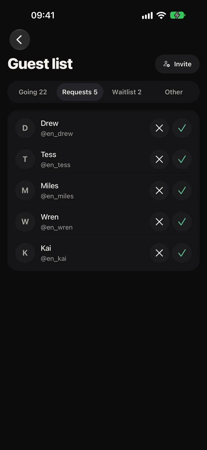 The Party app: a guest list with requests to accept or decline.