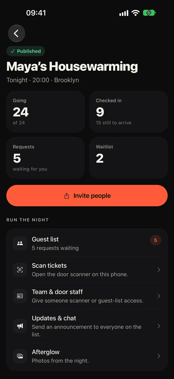 The Party app: a host’s event with guests going, checked in, requests and waitlist, and tools to run the night.