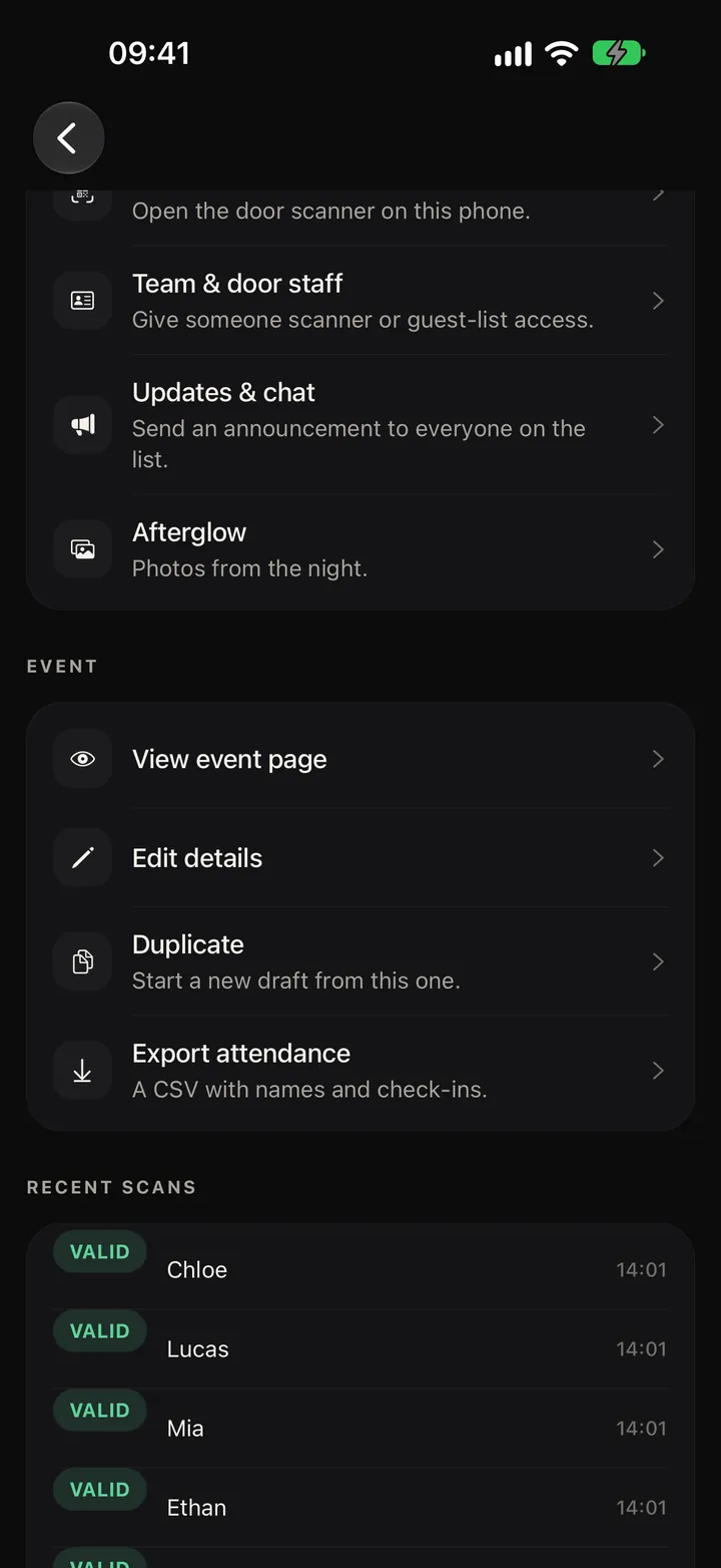 The Party app: the latest ticket scans at the door, each one valid.
