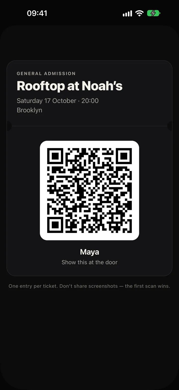 The Party app: a guest’s QR ticket, to show at the door.