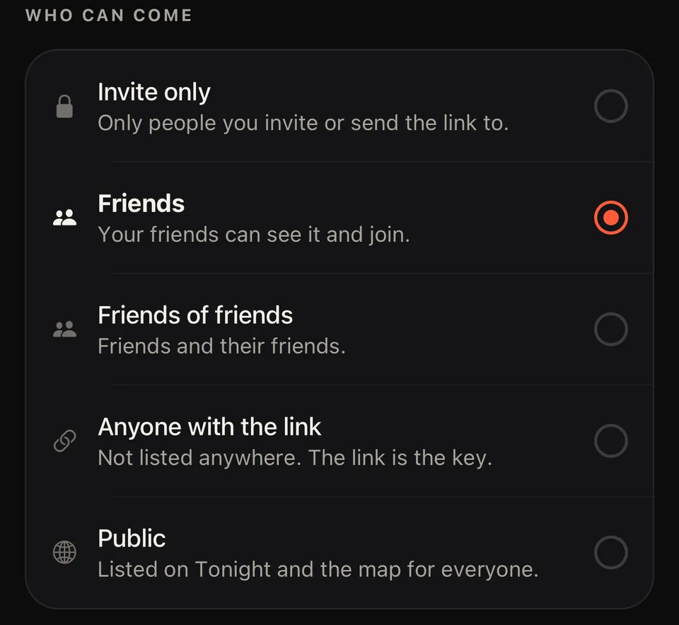 The Party app: the five choices for who can come — invite only, friends, friends of friends, anyone with the link, and public.