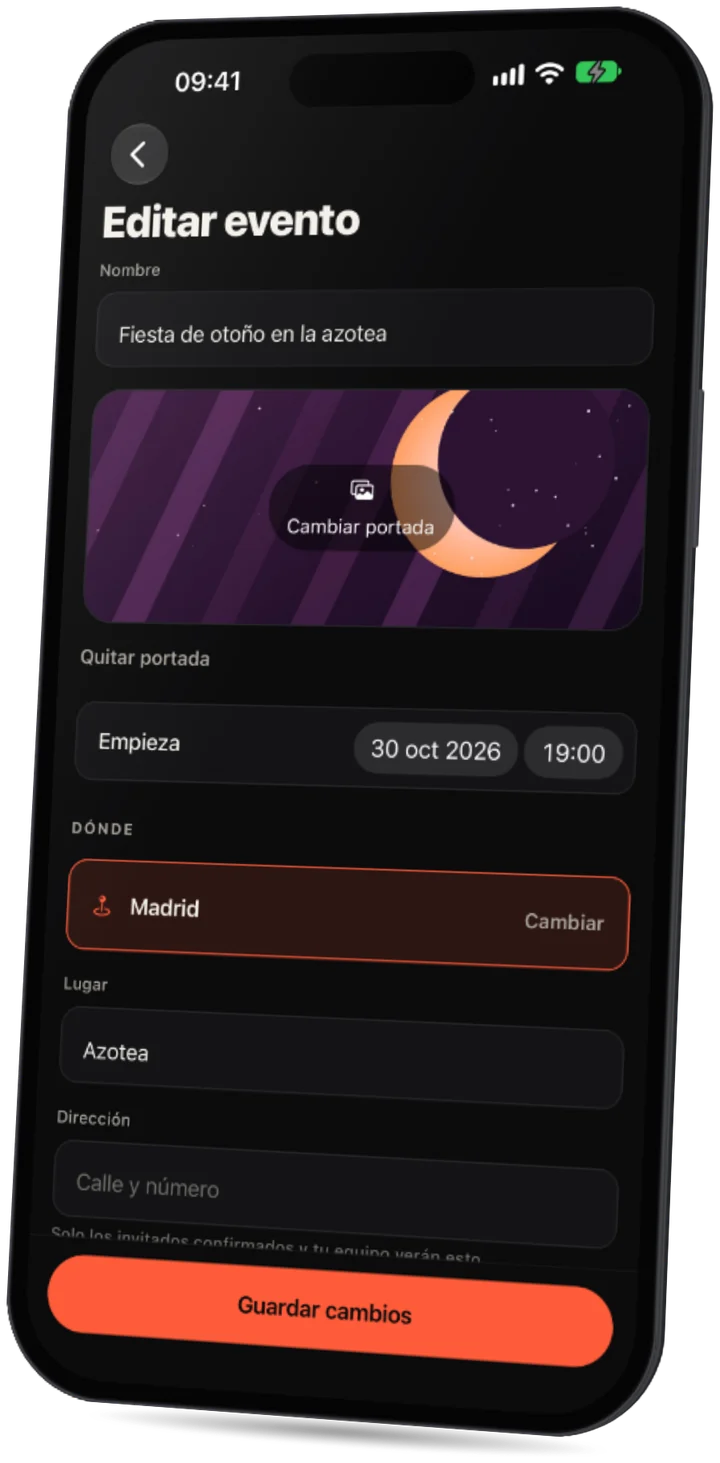 La app Party: el formulario del evento con nombre, imagen de portada, hora de inicio y lugar.