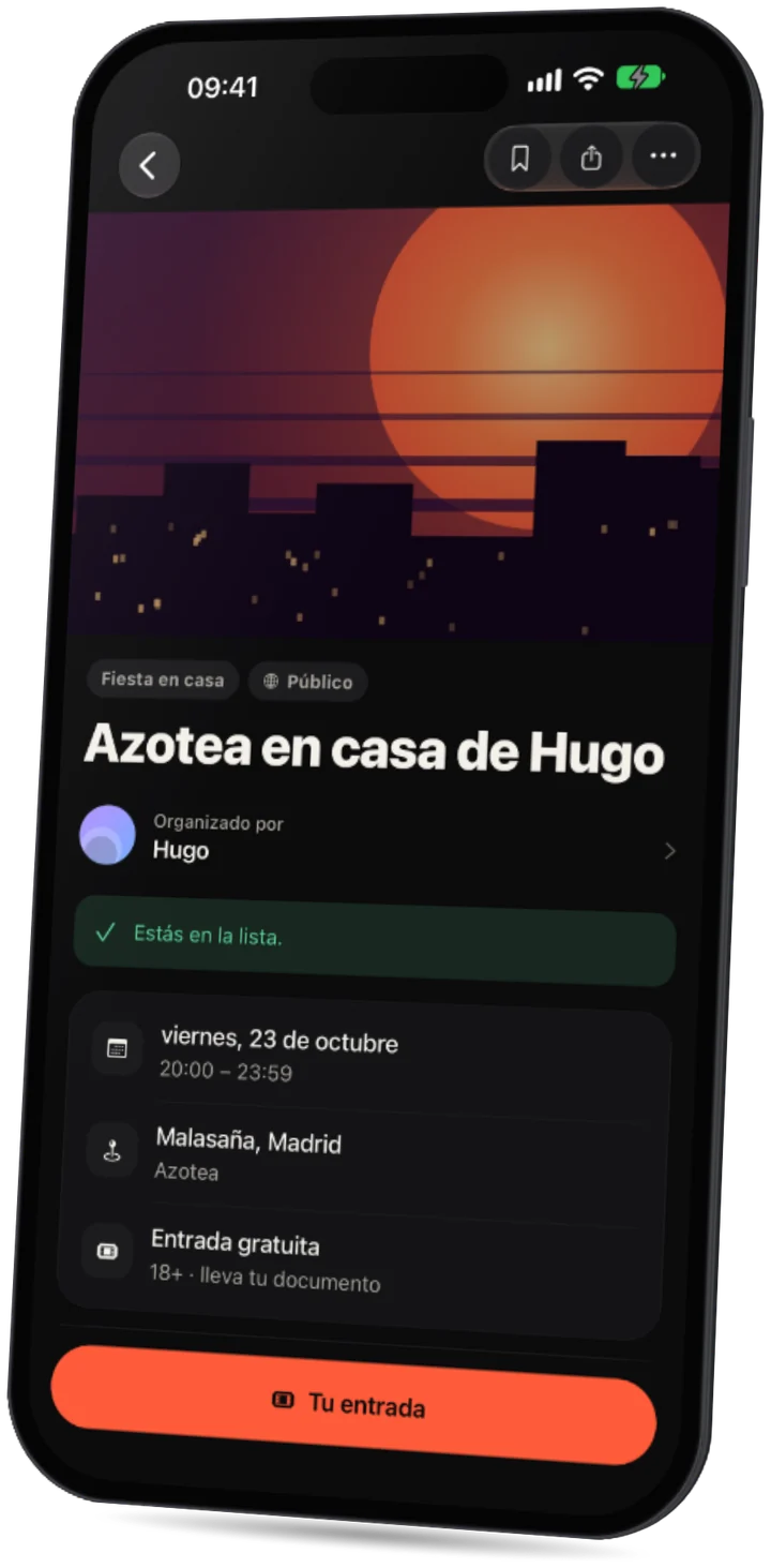 La app Party: una página de evento con la fecha, la zona, entrada gratuita y quién va.