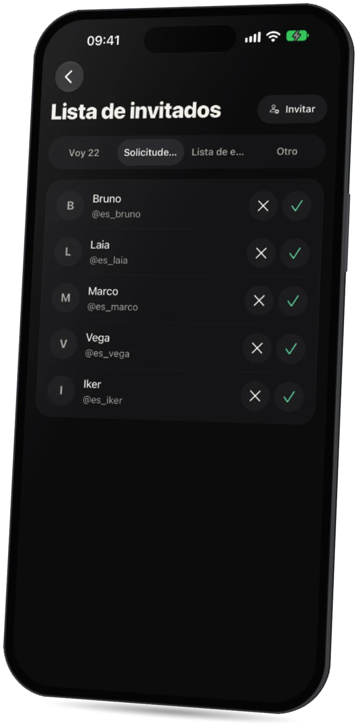 La app Party: una lista de invitados con solicitudes para aceptar o rechazar.