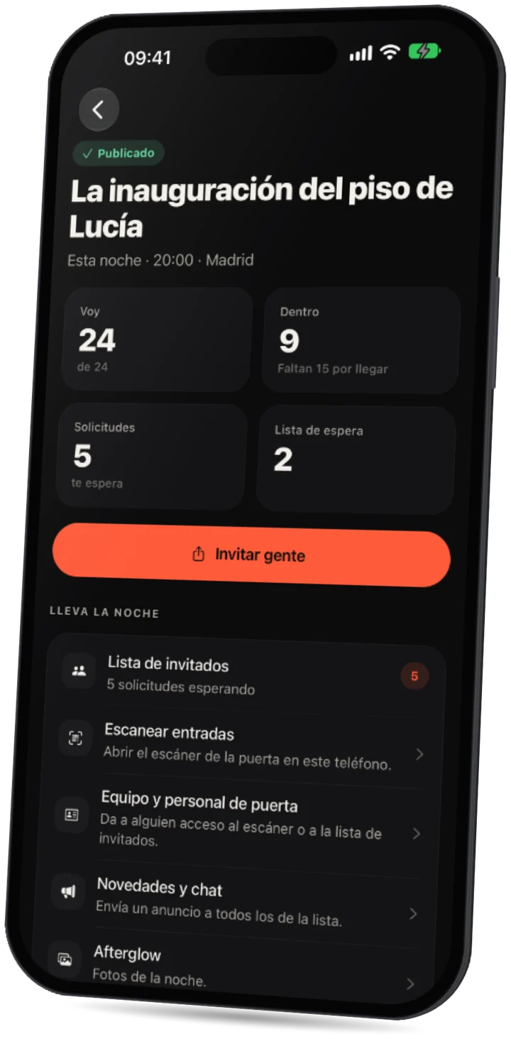 La app Party: el evento de un anfitrión con invitados que van, que han entrado, solicitudes y lista de espera, y herramientas para llevar la noche.