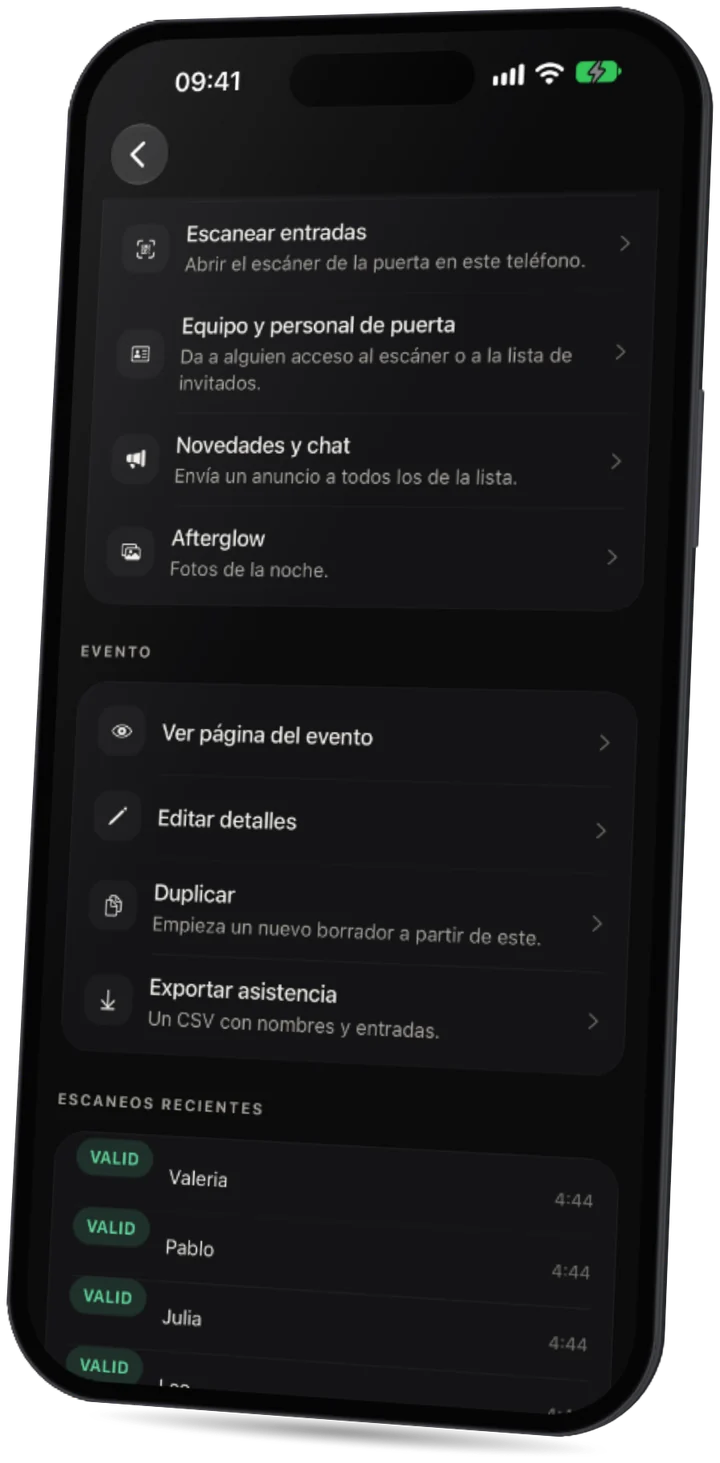 La app Party: los últimos escaneos de entradas en la puerta, todos válidos.