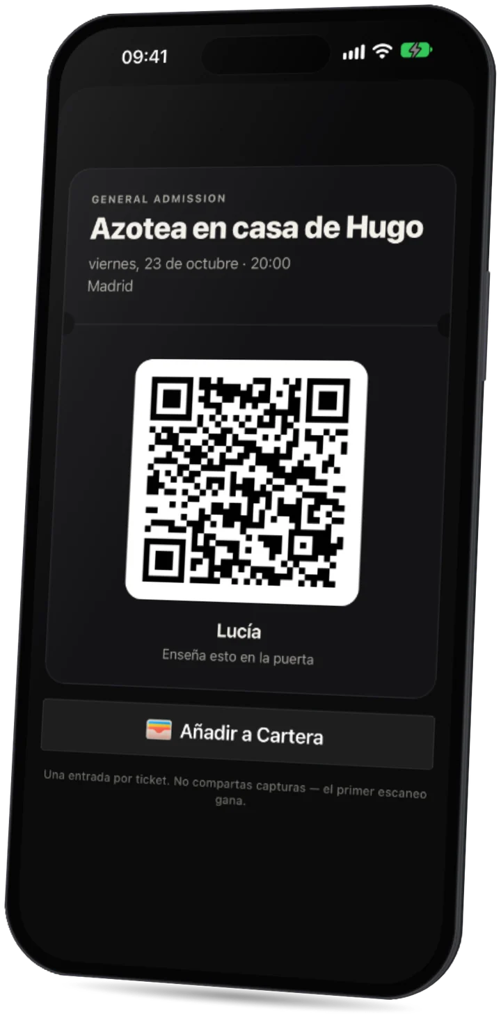 La app Party: la entrada QR de un invitado, para enseñar en la puerta.
