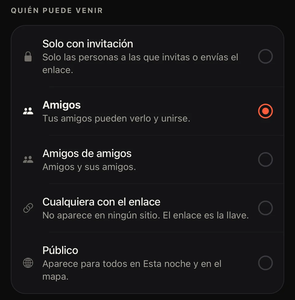 La app Party: las cinco opciones de quién puede venir — solo con invitación, amigos, amigos de amigos, cualquiera con el enlace y público.