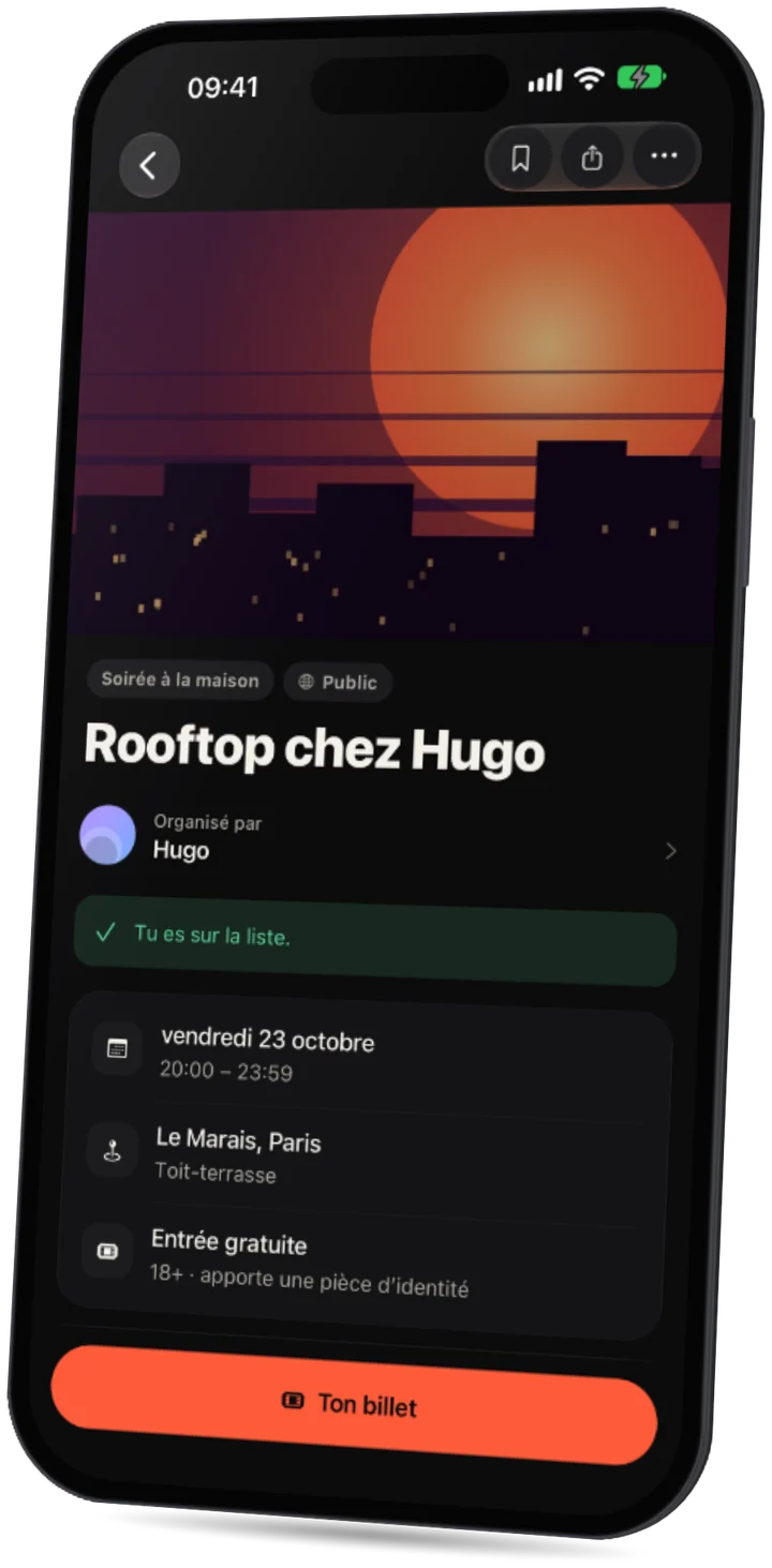 L’app Party : une page d’événement avec la date, la zone, l’entrée gratuite et qui vient.