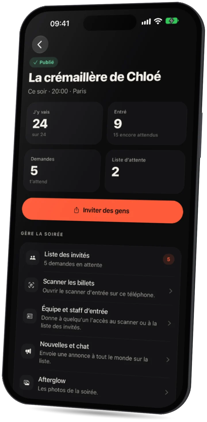 L’app Party : l’événement d’un hôte avec les invités qui viennent, les entrées, les demandes et la liste d’attente, et les outils pour gérer la soirée.