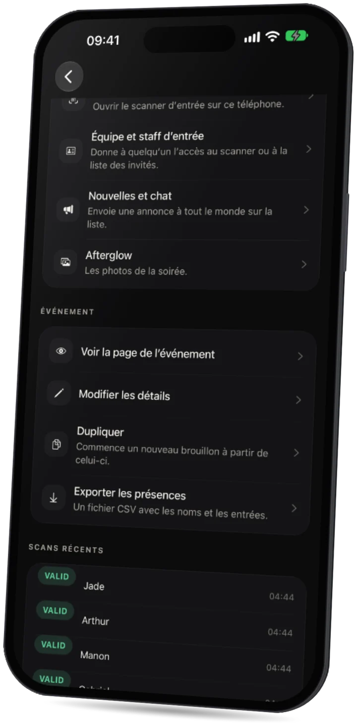 L’app Party : les derniers scans de billets à l’entrée, tous valides.
