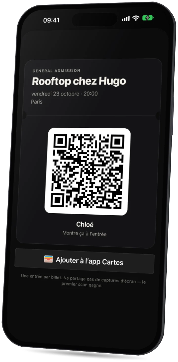 L’app Party : le billet QR d’un invité, à montrer à l’entrée.