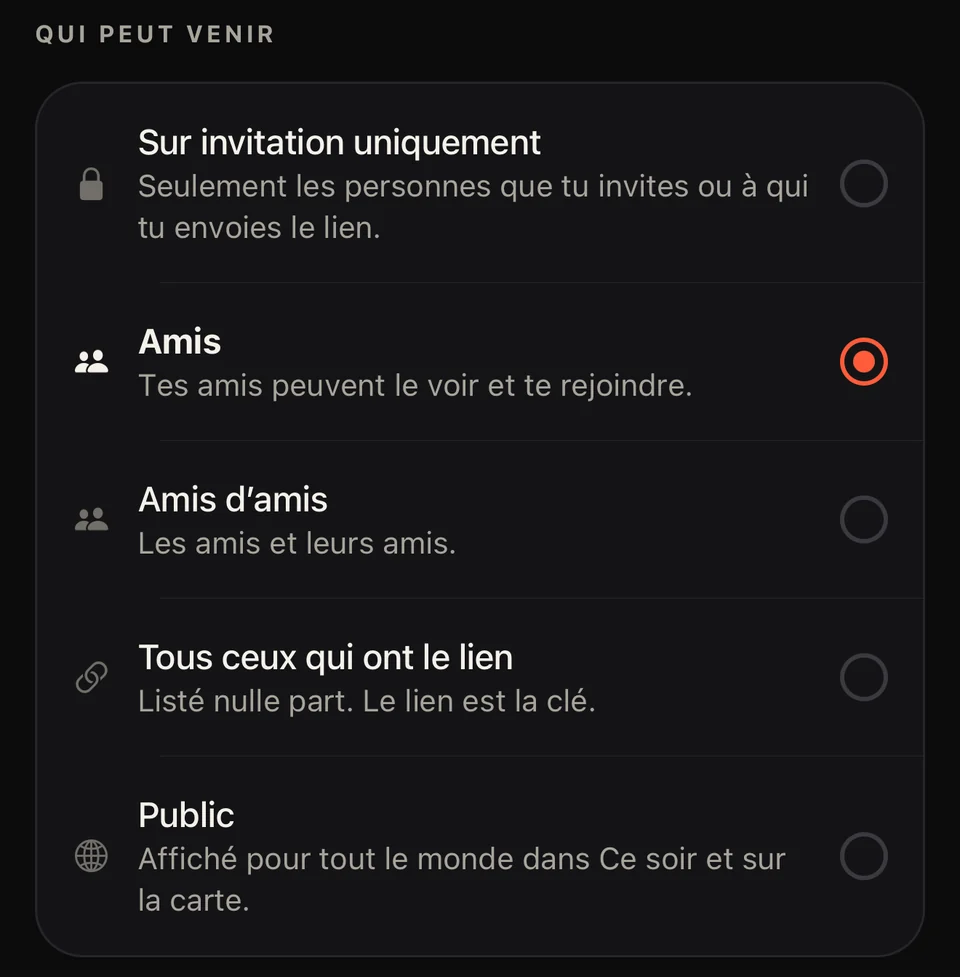 L’app Party : les cinq choix pour qui peut venir — sur invitation, amis, amis d’amis, tous ceux qui ont le lien, et public.