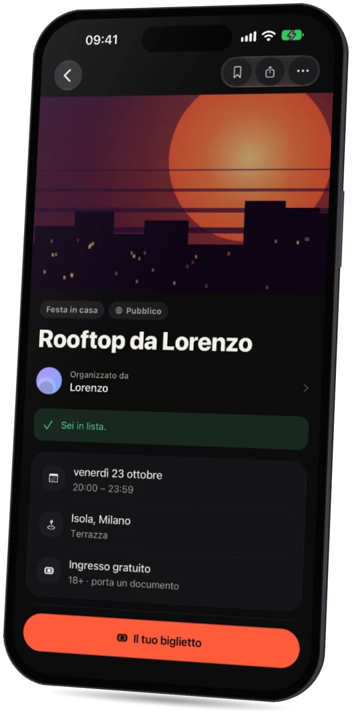 L'app Party: una pagina evento con la data, la zona, ingresso gratuito e chi viene.
