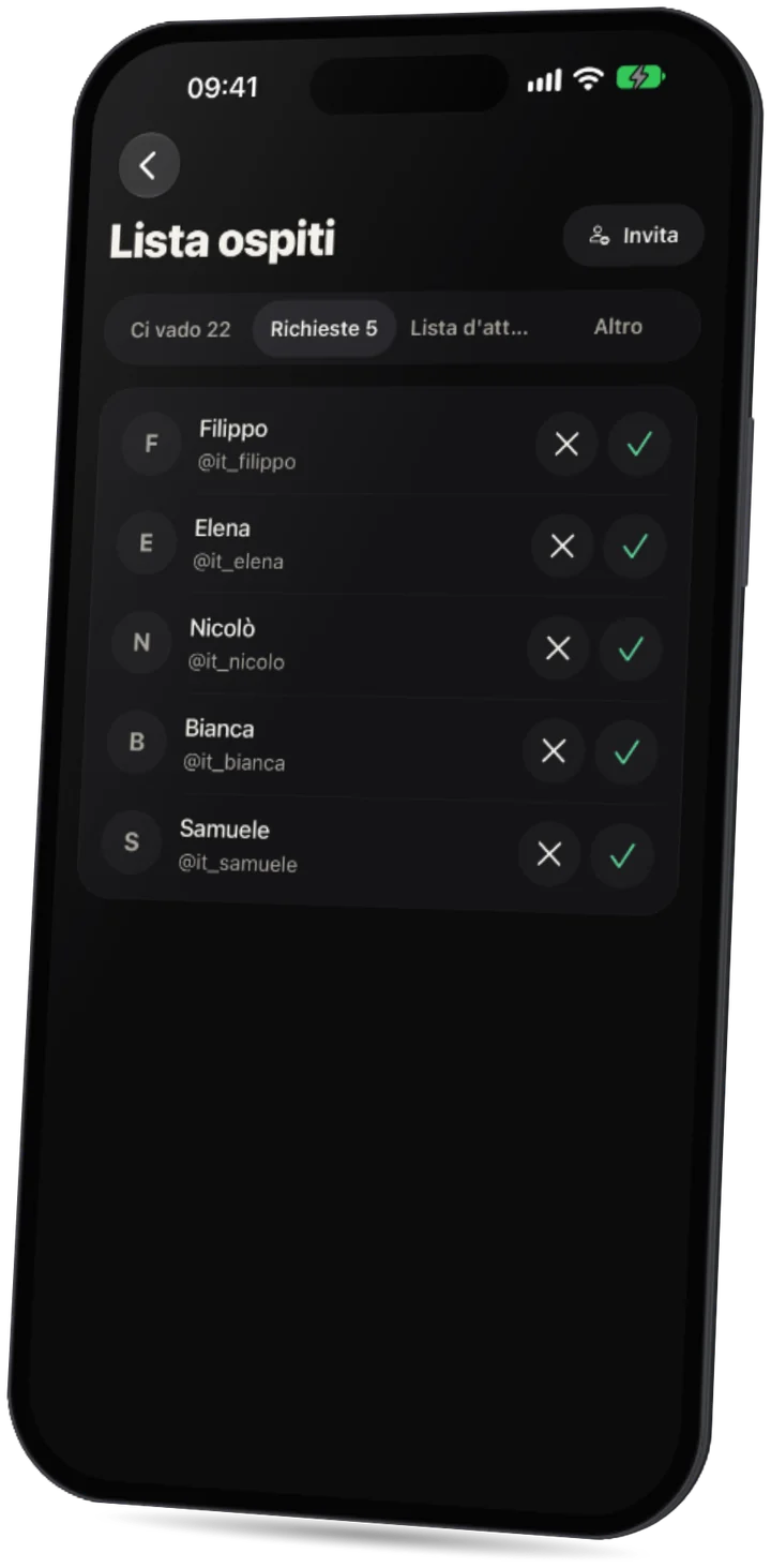 L'app Party: una lista ospiti con richieste da accettare o rifiutare.