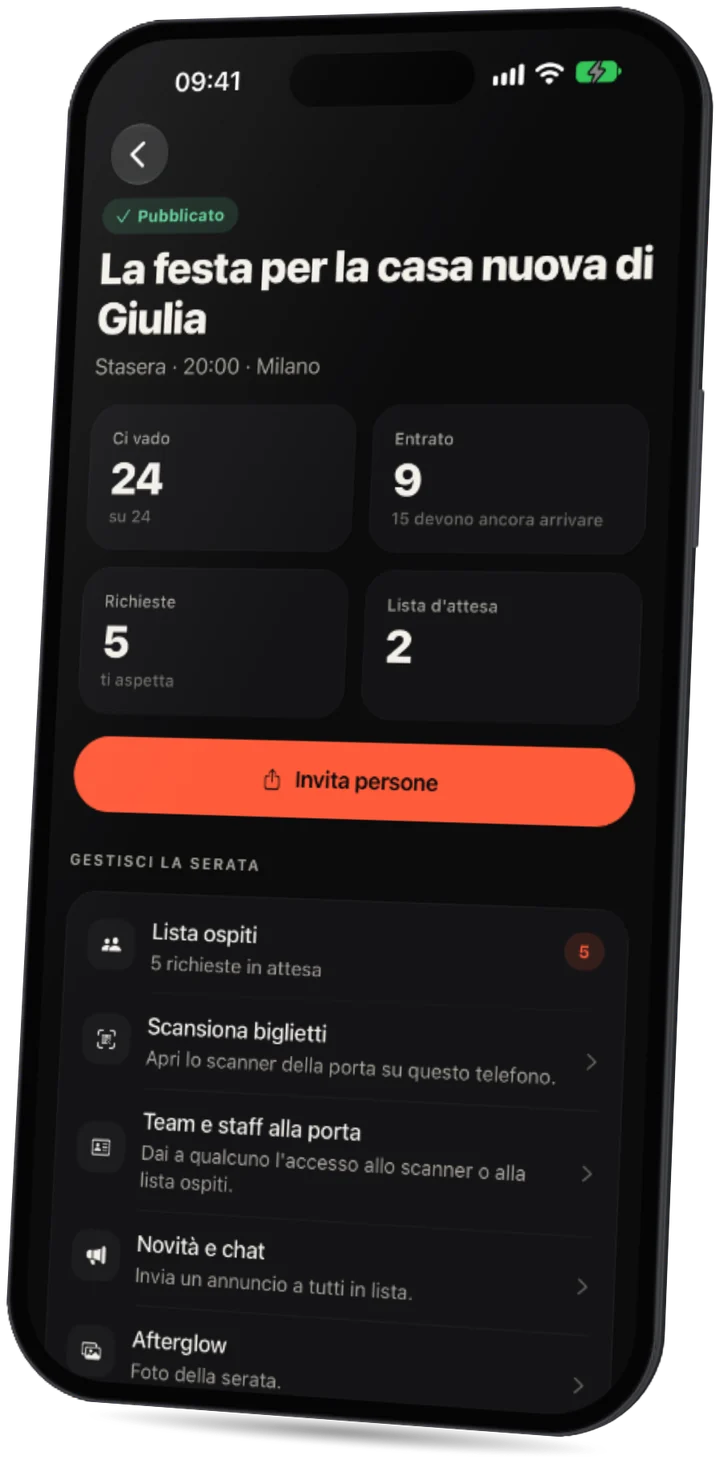 L'app Party: l'evento di un host con ospiti che vengono, già dentro, richieste e lista d'attesa, e gli strumenti per gestire la serata.