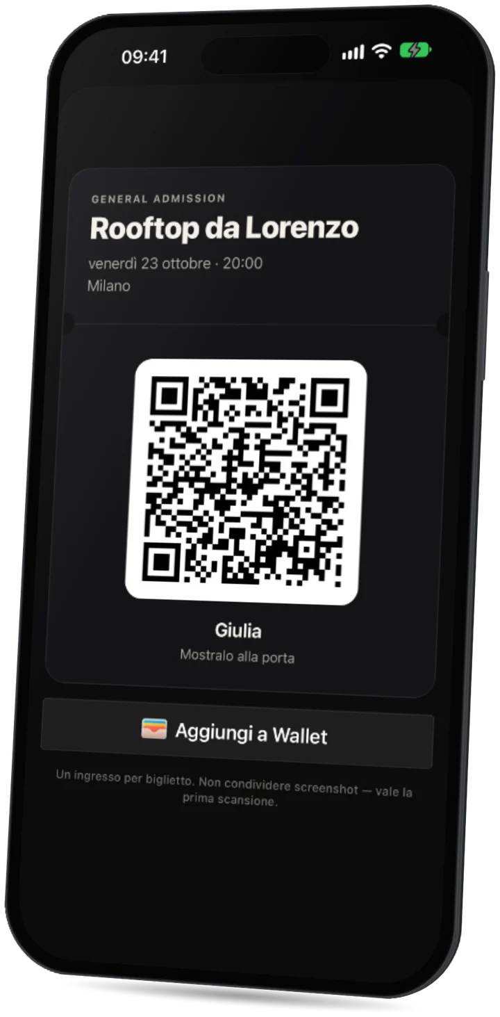 L'app Party: il biglietto QR di un ospite, da mostrare alla porta.