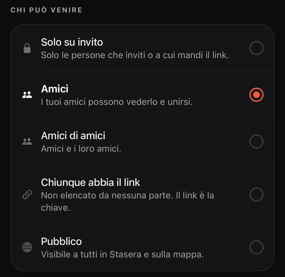 L'app Party: le cinque scelte su chi può venire — solo su invito, amici, amici di amici, chiunque abbia il link e pubblico.