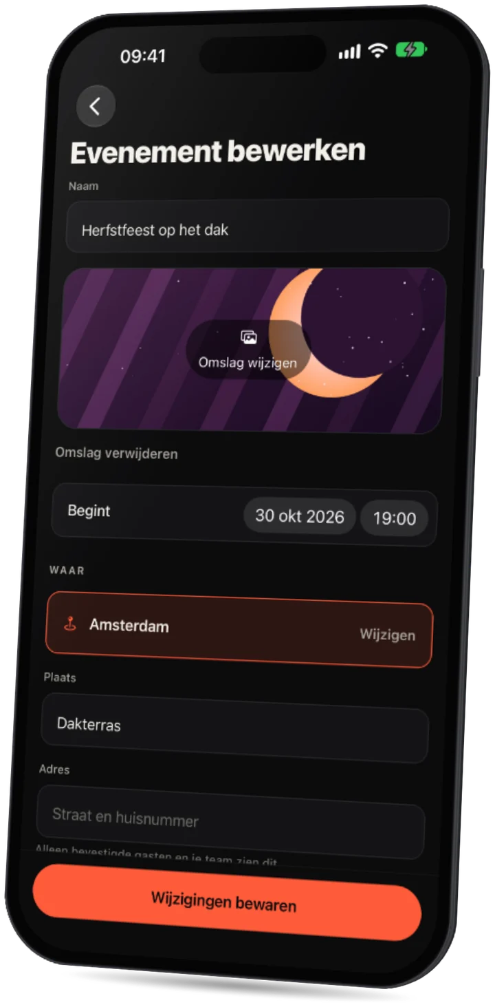 De Party-app: het evenementformulier met naam, omslagafbeelding, starttijd en plaats.