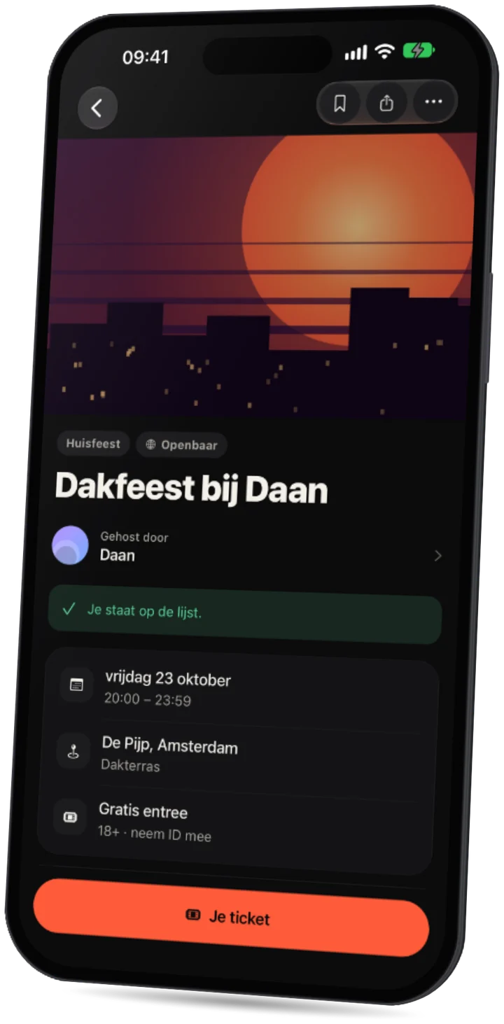De Party-app: een evenementpagina met de datum, het gebied, gratis entree en wie er gaat.