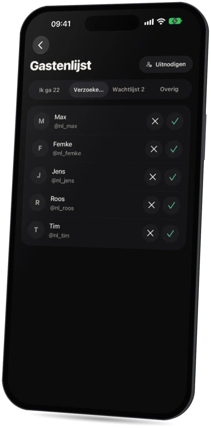 De Party-app: een gastenlijst met verzoeken om te accepteren of te weigeren.