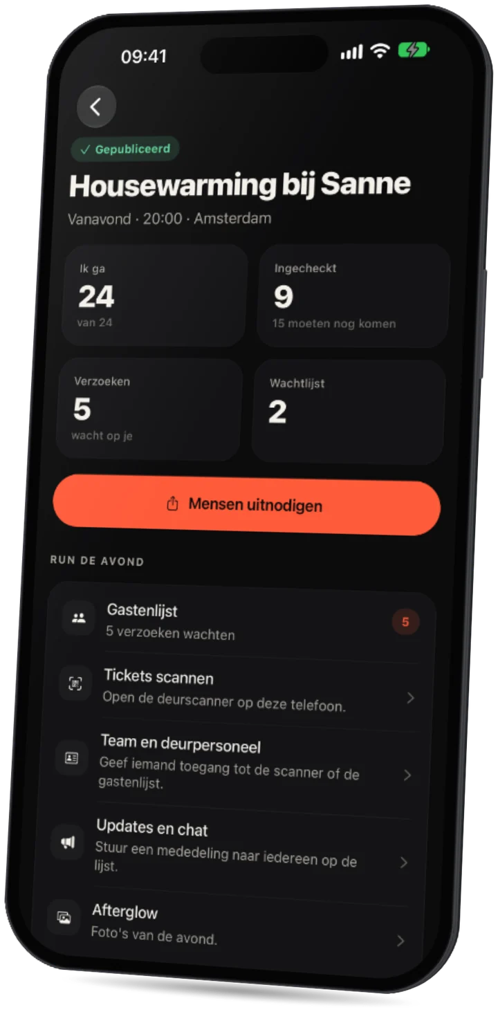 De Party-app: het evenement van een host met gasten die gaan, die ingecheckt zijn, verzoeken en wachtlijst, en tools om de avond te runnen.