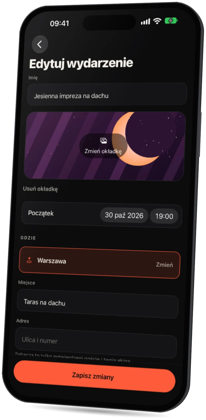 Aplikacja Party: formularz wydarzenia z nazwą, okładką, godziną rozpoczęcia i miejscem.