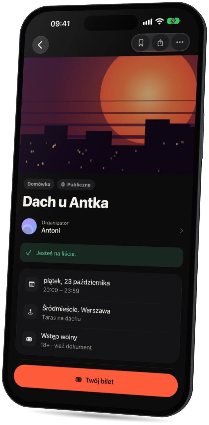 Aplikacja Party: strona wydarzenia z datą, okolicą, darmowym wejściem i tym, kto idzie.