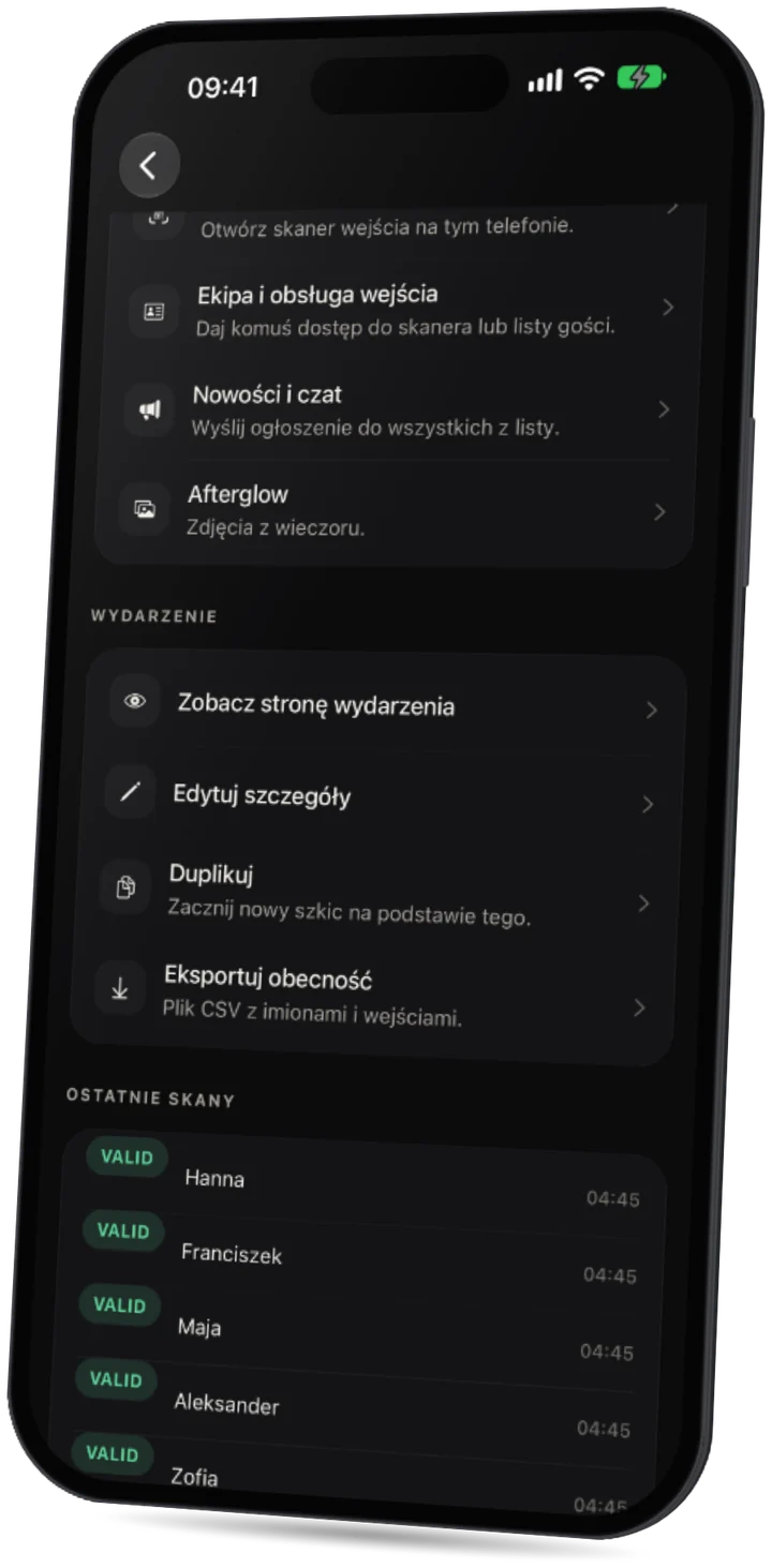 Aplikacja Party: ostatnie skany biletów przy wejściu, wszystkie ważne.