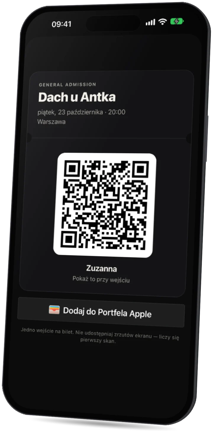 Aplikacja Party: bilet QR gościa do pokazania przy wejściu.