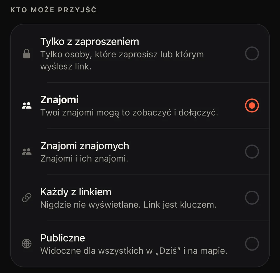 Aplikacja Party: pięć opcji, kto może przyjść — tylko z zaproszeniem, znajomi, znajomi znajomych, każdy z linkiem i publicznie.