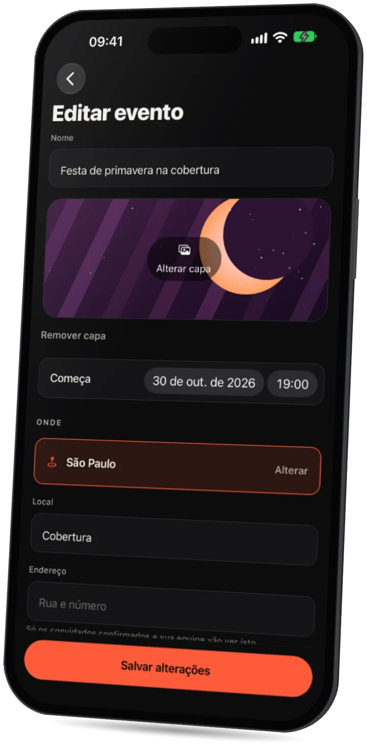 O app Party: o formulário do evento com nome, imagem de capa, horário de início e local.