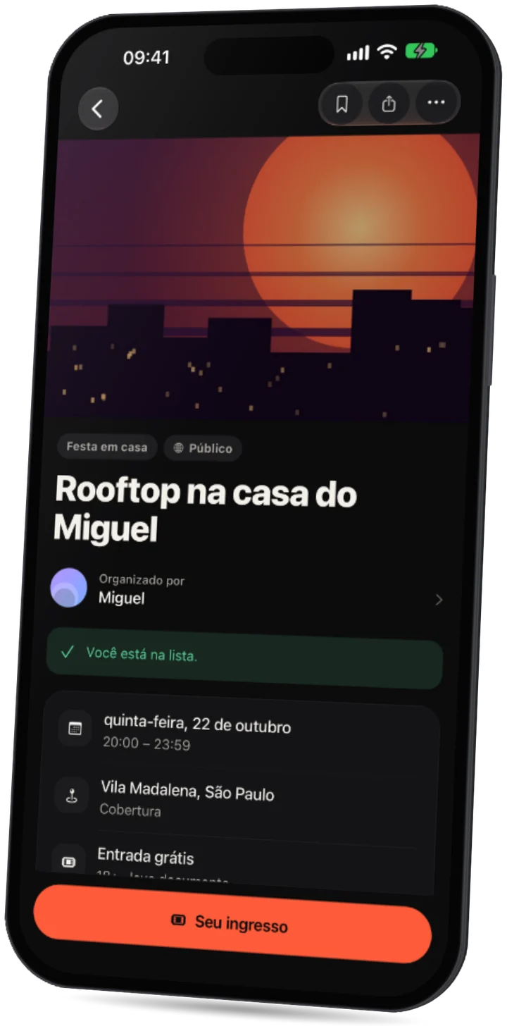 O app Party: uma página de evento com a data, a área, entrada grátis e quem vai.
