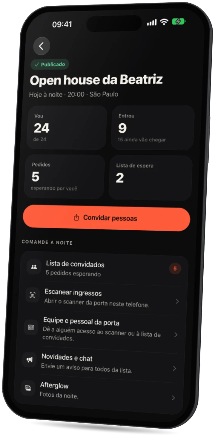 O app Party: o evento de um anfitrião com convidados que vão, que já entraram, pedidos e lista de espera, e ferramentas para comandar a noite.