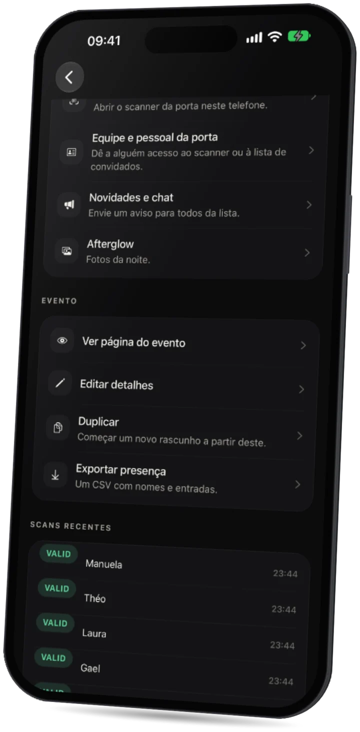 O app Party: os últimos scans de ingressos na porta, todos válidos.