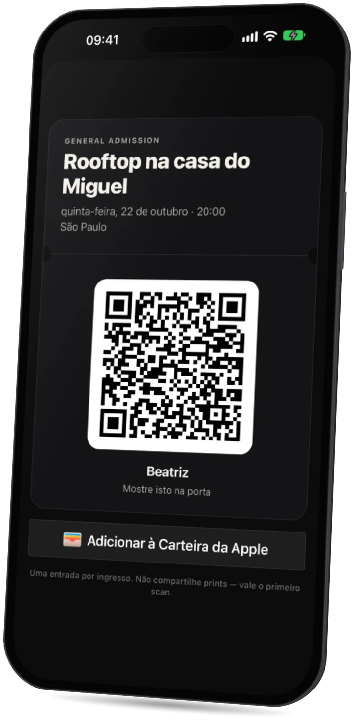 O app Party: o ingresso QR de um convidado, para mostrar na porta.