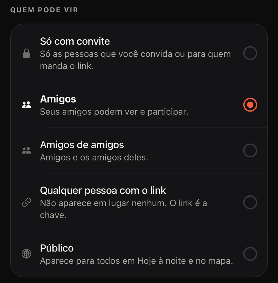 O app Party: as cinco opções de quem pode vir — só com convite, amigos, amigos de amigos, qualquer pessoa com o link e público.