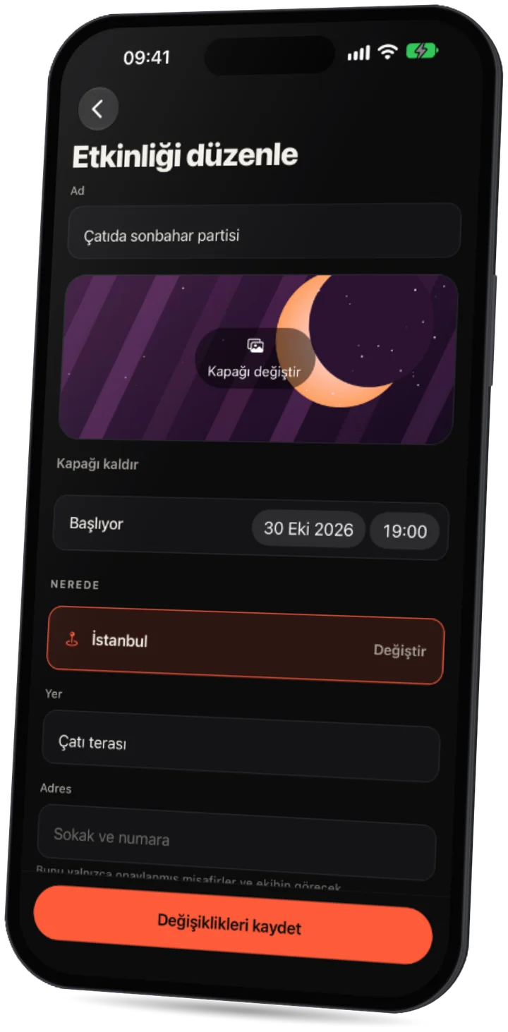 Party uygulaması: ad, kapak görseli, başlangıç saati ve yer ile etkinlik formu.