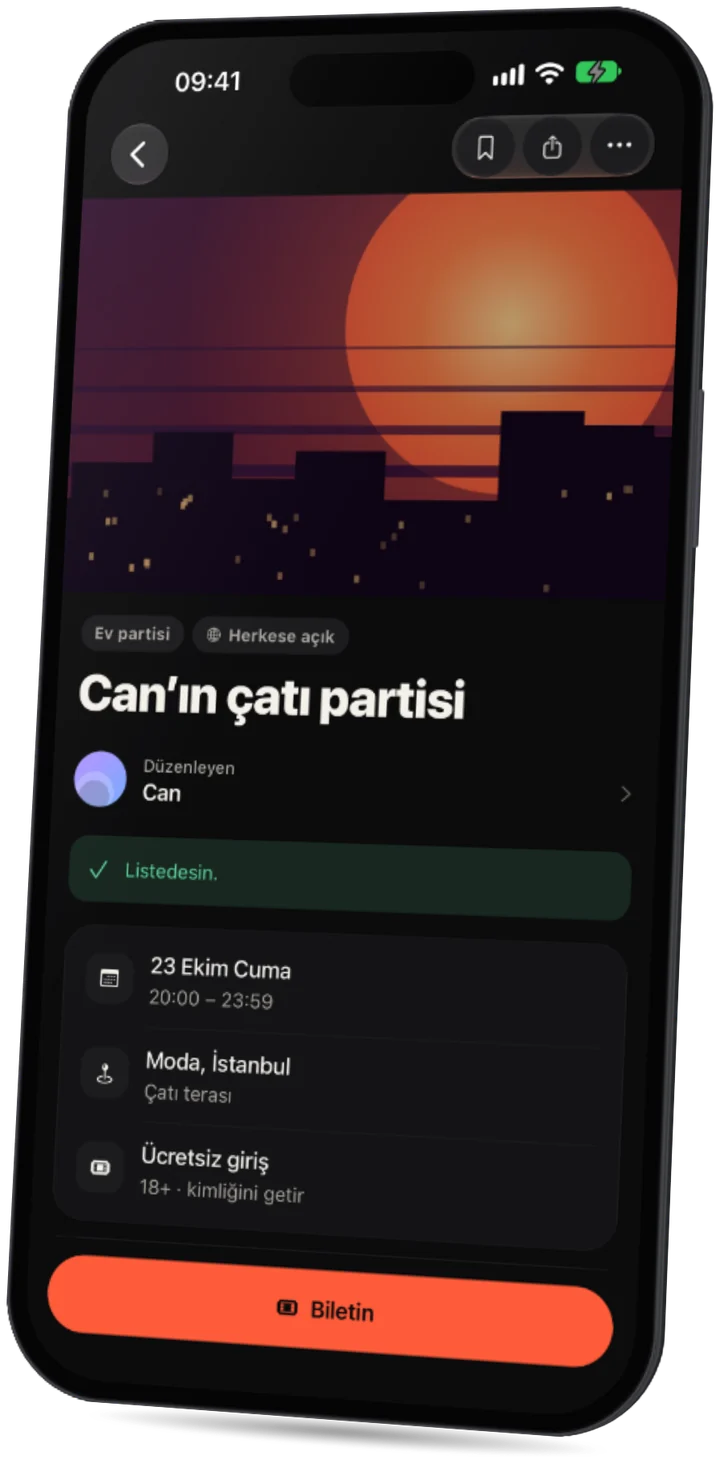 Party uygulaması: tarih, bölge, ücretsiz giriş ve gidenlerle bir etkinlik sayfası.
