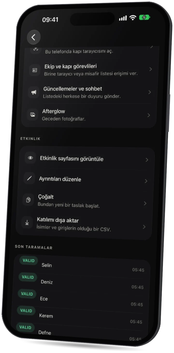 Party uygulaması: kapıdaki son bilet taramaları, hepsi geçerli.
