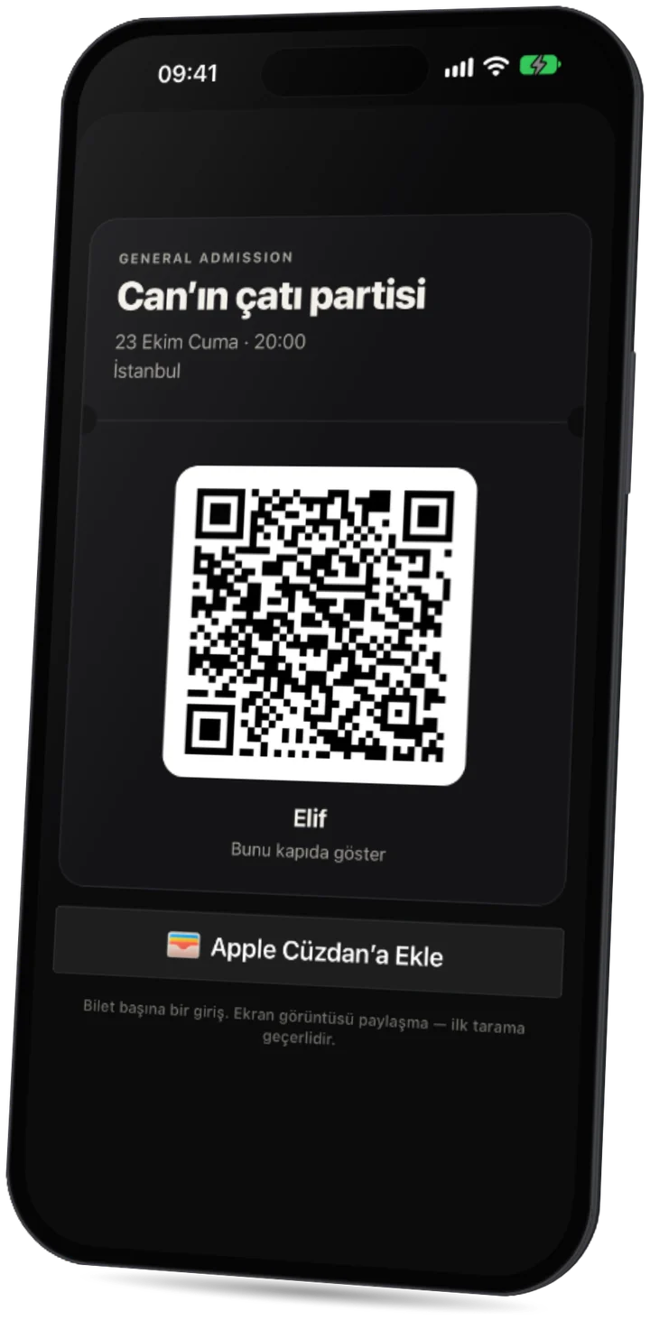 Party uygulaması: kapıda gösterilecek bir misafirin QR bileti.
