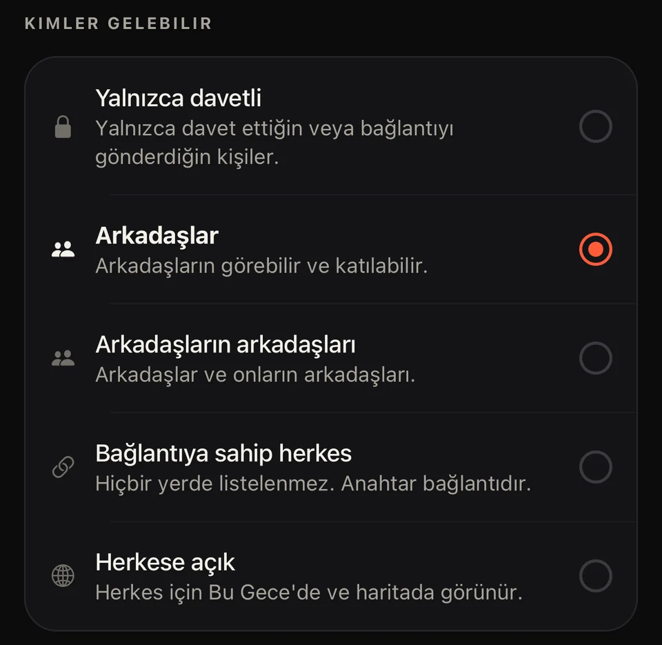 Party uygulaması: kimlerin gelebileceğine dair beş seçenek — yalnızca davetli, arkadaşlar, arkadaşların arkadaşları, bağlantıya sahip herkes ve herkese açık.